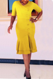 Yellow Fashion Slim V-neck Ruffled Dress