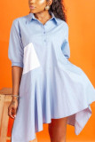 Light Blue Fashion Cap Sleeve Half Sleeves Turndown Collar Asymmetrical Knee-Length Solid Casual Dre