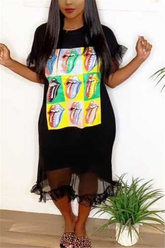 Black Fashion Casual Printed Short Sleeve Dress