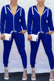 Royal blue Casual Two Piece Suits Solid Patchwork pencil Long Sleeve Two-piece Pants Set