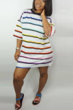 White Casual Fashion adult Cap Sleeve Half Sleeves O neck Step Skirt Mini Striped Beading Patchw