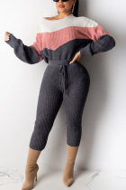 Pink Casual Contrast Color Patchwork Belted Sweater Two Piece Suit