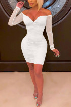 White Fashion Celebrities Sexy Off The Shoulder Long Sleeves One word collar Step Skirt Mini Mes