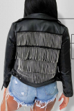Black Fashion Casual PU Leather Fringe Zipper Coat (With Belt)