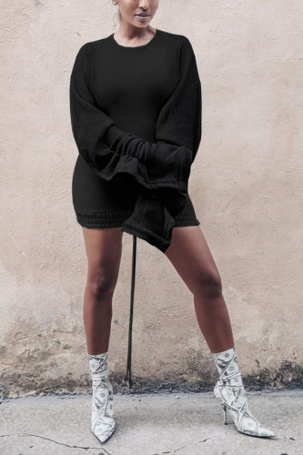 Black Casual Bubble sleeves Long Sleeves O neck Hip skirt skirt ruffle Solid hollow out Patchwor