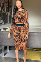 Brown Sexy Two Piece Suits Patchwork Striped Hip skirt Long Sleeve Two-Piece Dress