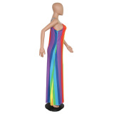 Star Rainbow Sexy Stylish Casual Striped Suspender Long Maxi Dress