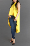 Yellow O Neck Sleeveless Patchwork Solid asymmetrical Tees & T-shirts