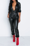 Black Sexy Fashion Pocket Asymmetrical Solid PU Long Sleeve V Neck Jumpsuits