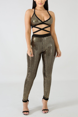 Gold Fashion Sexy Hanging Neck Wrapped Chest Suit