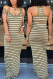 Army Green Sexy Fashion Spaghetti Strap Sleeveless Slip Step Skirt Floor-Length Striped Casual Dress