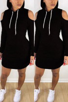 Black Fashion adult Casual Off The Shoulder Long Sleeves O neck Step Skirt Mini hollow out Patch