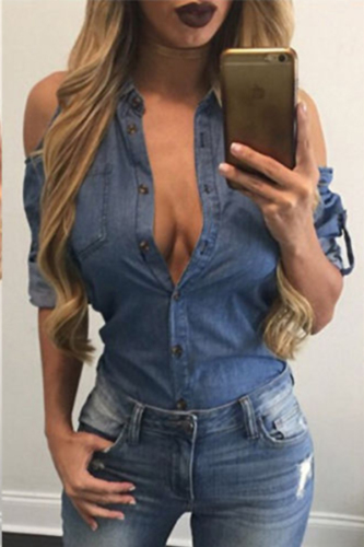 Deep Blue Casual Dew Shoulder Blouses