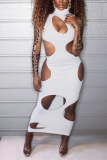 White Fashion adult Sexy Tank Sleeveless Turtleneck Step Skirt Mid-Calf Solid Print hollow out
