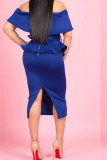 Royal blue Casual Fashion Off The Shoulder Sleeveless One word collar Asymmetrical Mid-Calf asymmetri