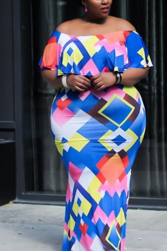 Colorblue Sexy Large Size Wrapped Chest A Word Color Blue Dress
