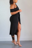 Black Sexy Fashion Diagonal Collar Dress