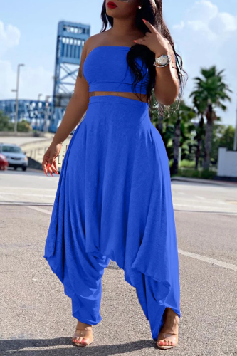 Blue Sexy Trendy Solid Loose Two Pieces