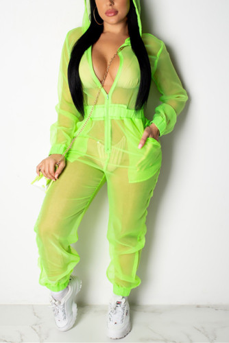 Green Sexy Fashion Patchwork Solid Mesh Long Sleeve V Neck Jumpsuits