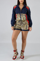 Navy Casual Fashion Sports Leopard Stitching Two-Piece Suit