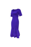 Dark Blue Fashion Slim V-neck Ruffled Dress