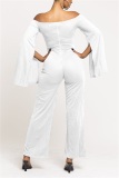 White Fashion Solid Color Long Sleeve Umbilical One-Shoulder Jumpsuit