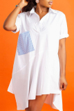 White Fashion Cap Sleeve Half Sleeves Turndown Collar Asymmetrical Knee-Length Solid Casual Dre