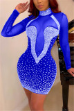Blue Fashion Sexy Diamond Mesh Perspective Dress