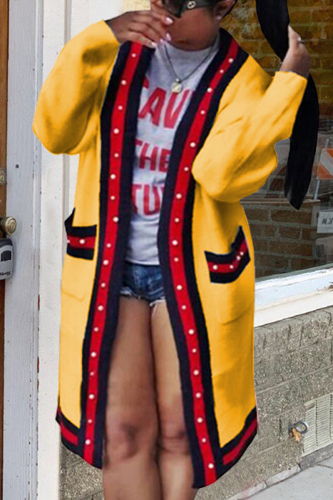 Yellow cardigan Pearl Solid Ribbon Patchwork Pure Long Sleeve 