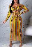 Multicolor Sexy Hollow Out Striped Print Dress