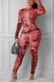 rose red Sexy zipper letter Print Long Sleeve O Neck Jumpsuits