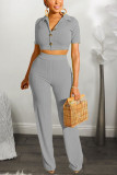 Grey Casual Solid Straight Short Sleeve Two-piece Pants Set