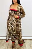 Leopard print Fashion Sexy Print 3 Piece Suit (Wrap Chest + Trousers + Long Coat)