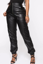 Black PU Zipper Fly Mid Zippered Solid Straight Pants Pants