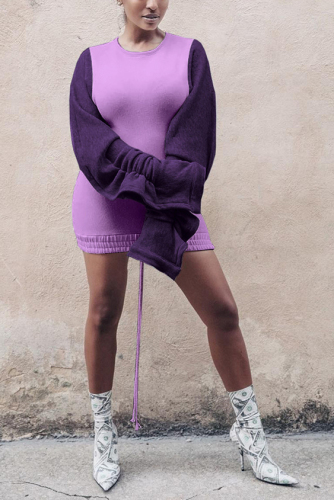 purple Casual Bubble sleeves Long Sleeves O neck Hip skirt skirt ruffle Solid hollow out Patchwor