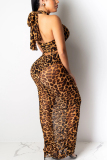 Leopard print Sexy Mesh Perspective Print Two Pieces