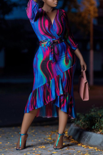 Blue Fashion Sexy Cap Sleeve Half Sleeves V Neck A-Line Mid-Calf asymmetrical Print ruffle Patc