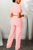 Pink Casual Solid Straight Short Sleeve Two-piece Pants Set
