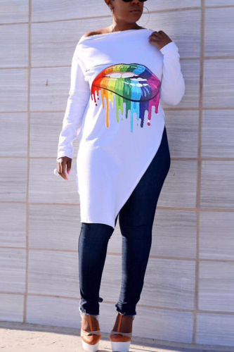 White O Neck Nine Sleeves Print Lips Print Zippered Split Tees & T-shirts