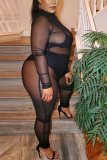 Black Fashion Sexy Perspective Long Sleeve Jumpsuit (Without Underwear)