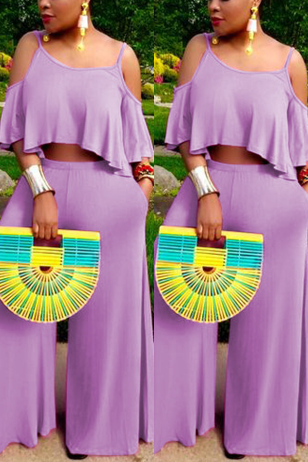 

purple Sexy Fashion Patchwork ruffle Solid Straight Half Sleeve Two-piece Pants Set
