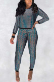 Silver adult Sexy Fashion Sequin Two Piece Suits Geometric pencil Long Sleeve Two-piece Pants Se