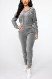 Grey Fashion Casual Hooded Collar Solid Two Pieces