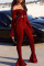 Red Elastic Fly Long Sleeve Mid Solid Boot Cut Pants Two-piece suit