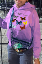 Purple Casual Butterfly Print Patchwork Hooded Collar Tops