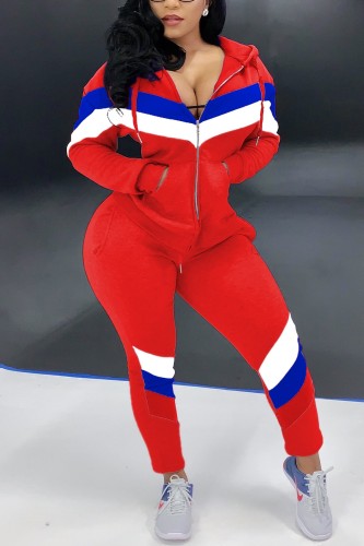 Red adult Fashion Active contrast color Patchwork Two Piece Suits Geometric pencil Long Sleeve