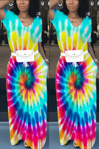 Blue Sexy Printing Large Swing Dress