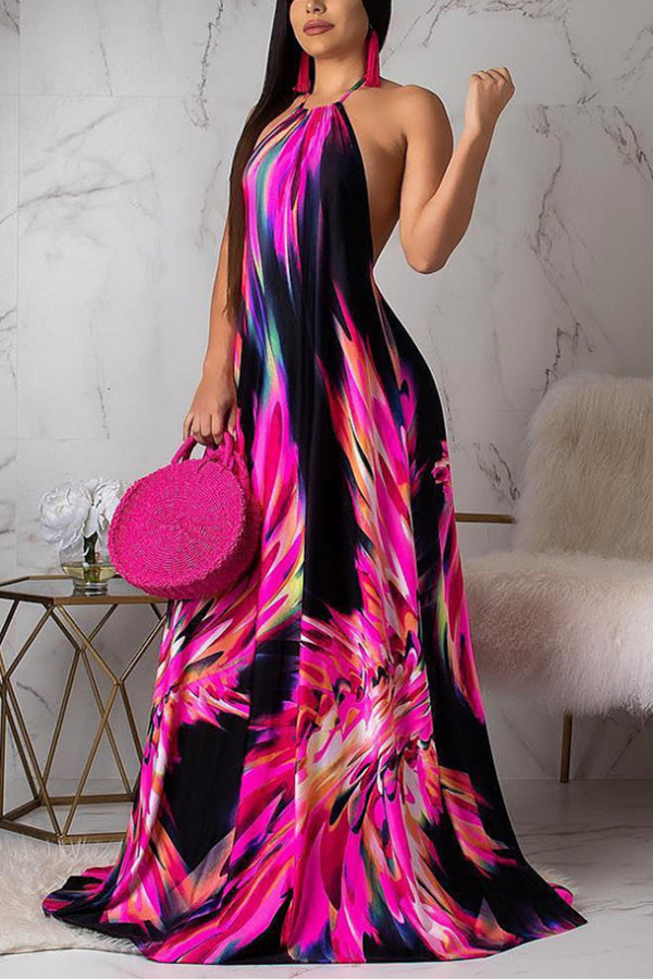 Red Fashion Sexy Off The Shoulder Spaghetti Strap Sleeveless Slip A-Line Floor-Length Print Patchwork C