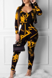 Yellow Casual Two Piece Suits Print Straight Long Sleeve