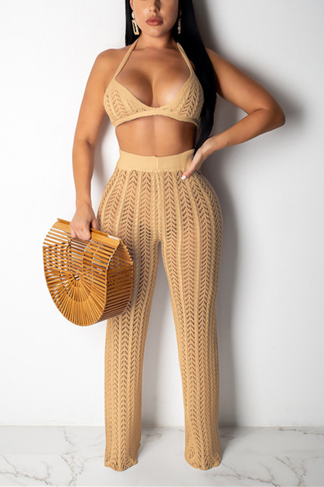 Khaki Sexy Fashion HOLLOWED OUT Solid crop top Bandage Slim fit Two Piece Suits asymmetrical Str